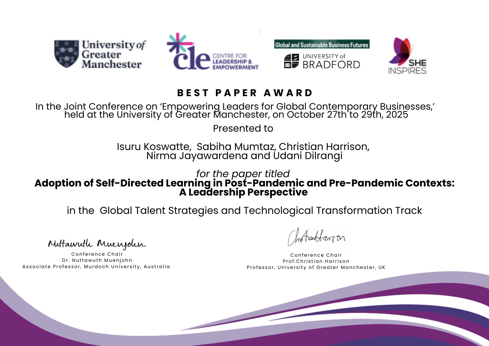 In the Joint Conference on ‘Empowering Leaders for Global Contemporary Businesses,’ held at the University of Greater Manchester, on October 27th to 29th, 2025 (1)